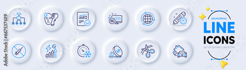 Restructuring, Scissors and Project deadline line icons for web app. Pack of Electricity consumption, No vaccine, Freezing timer pictogram icons. 5g internet, Inflation, Globe signs. Vector