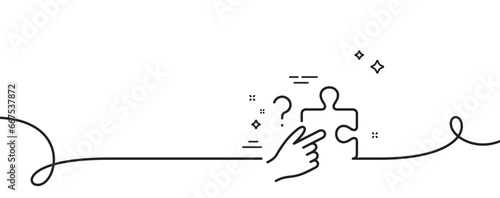Search puzzle line icon. Continuous one line with curl. Jigsaw piece with Question sign. Find solution symbol. Search puzzle single outline ribbon. Loop curve pattern. Vector
