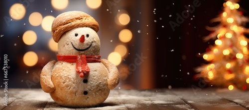 A snowman made of round bread. Bakery, symbol of Christmas, winter, New Year