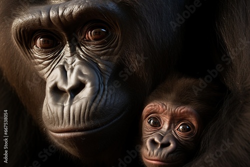 Portrait of a female gorilla with her baby on a dark background