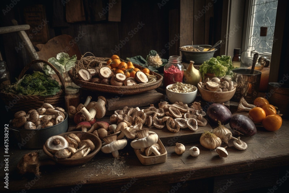 A rustic table with various vegetables, mushrooms, roots, and spices. Ideal for vegan cooking and healthy eating. Generative AI