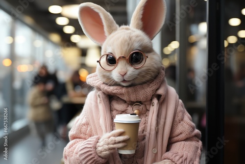 Adorable rabbit in pink sweater, hat and glasses outdoor photo