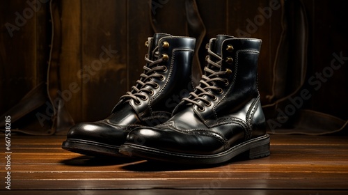 Freshly polished military boots, reflecting the precision and discipline of service.