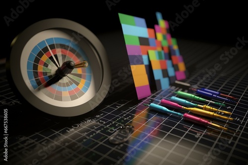 3D illustration of dart board, arrow, and bar graph depicting business achievement goals and targets. Generative AI