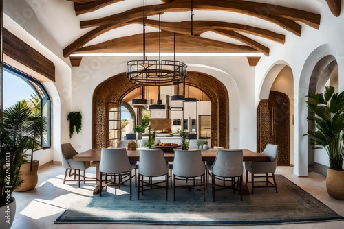 Coastal, mediterranean home interior design of modern dining room with arched ceiling © Arham
