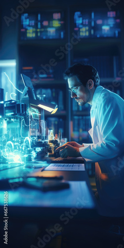 A man wearing a lab coat is diligently working on a computer. This image can be used to depict a scientist, researcher, or professional working in a laboratory or scientific setting