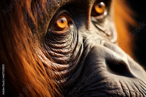 Close up of Orangutan's eyes. Portrait of a wild orangutan. photo