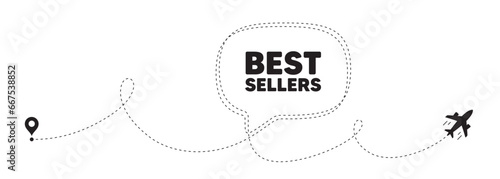 Best sellers tag. Plane travel path line banner. Special offer price sign. Advertising discounts symbol. Best sellers speech bubble message. Plane location route. Dashed line. Vector