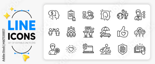 Group people, Opinion and Technical documentation line icons set for app include Outsource work, Pay, Head outline thin icon. Like hand, Support, Social distancing pictogram icon. Vector