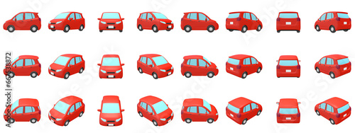 自動車のイラスト素材　デフォルメ　コンパクトカー　5ドアハッチバック　赤　24点セット