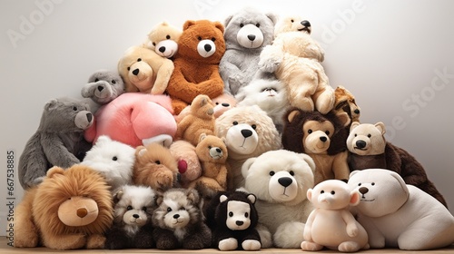 Plush toys of various animals piled high, a mountain of softness and comfort.