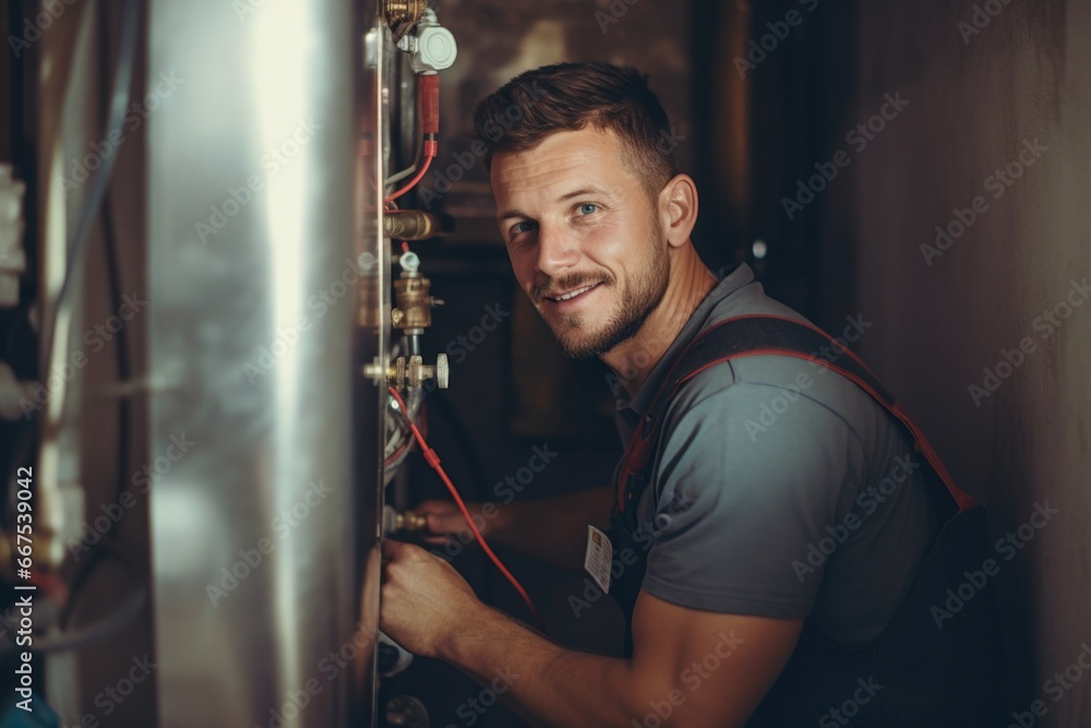 A man is seen working on a water heater. This image can be used to illustrate home maintenance, plumbing repairs, or DIY projects