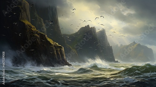 Rugged cliffs battered by the relentless waves of the sea, with seagulls soaring overhead.