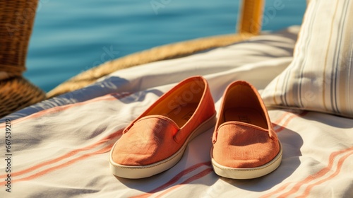 Slip-on summer shoes beside a beach towel, evoking a sense of vacation and relaxation.