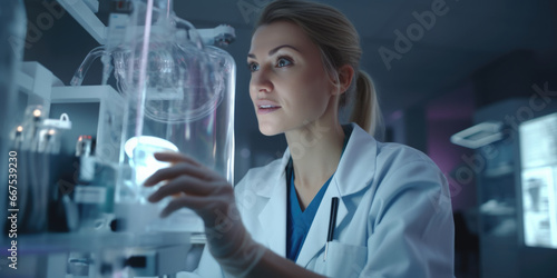 A woman is pictured wearing a lab coat and holding a tube. This image can be used to represent scientific research, laboratory experiments, or medical advancements