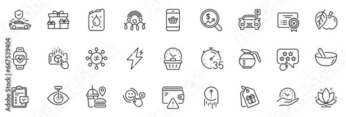 Icons pack as Power, Cooking mix and Transport insurance line icons for app include Augmented reality, Currency audit, Customer satisfaction outline thin icon web set. Eye laser, Parking. Vector