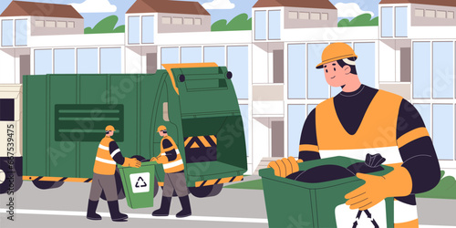 Garbage truck on urban street panoramic view. Workers collect rubbish bags from bin, container to car. Waste collector clean city. Municipal service recycle trash. Sanitation. Flat vector illustration