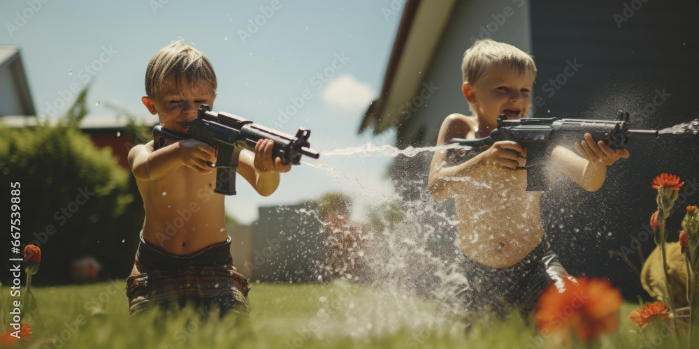 Two young boys having fun and playing with a water gun. Perfect for summer activities and outdoor play