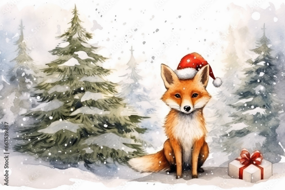 cute christmas fox in winter landscape watercolor design