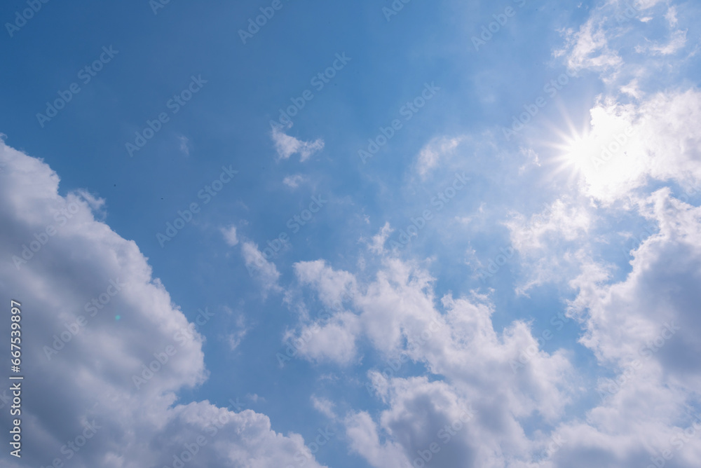 Panoramic view of clear blue sky and clouds, Blue sky background with tiny clouds. White fluffy clouds in the blue sky. Captivating stock photo featuring the mesmerizing beauty of the sky and clouds. Panoramic view of clear blue sky and clouds, Blue sky background with tiny clouds. White fluffy clouds in the blue sky. Captivating stock photo featuring the mesmerizing beauty of the sky and clouds.