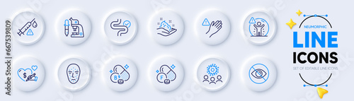 Fluorine mineral, Digestion and Microscope line icons for web app. Pack of Vaccine attention, Folate vitamin, Social distance pictogram icons. Not looking, Coronavirus, Social care signs. Vector