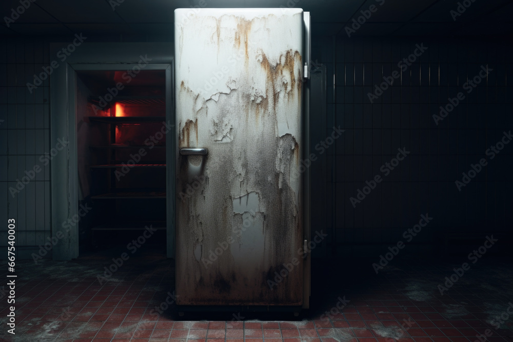 A dirty refrigerator sits in a dark room. This image can be used to depict neglect, abandoned spaces, or the need for cleaning and maintenance A dirty refrigerator sits in a dark room. This image can be used to depict neglect, abandoned spaces, or the need for cleaning and maintenance