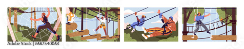 Rope park with zip line, obstacle course set. People climb on trees, overcome challenges. Summer recreation, extreme entertainment, adventure playground. Active lifestyle. Flat vector illustration