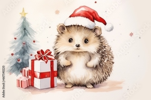 cute christmas hedgehog with santa hat watercolor design