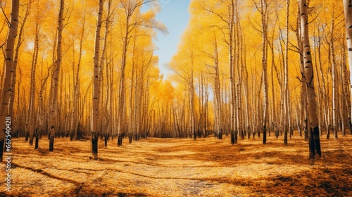 The golden hues of an aspen forest in autumn  leaves quivering in the wind.