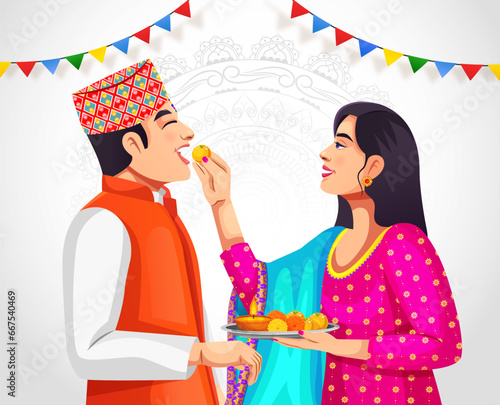 Bhai Tika or Bhai Tihar is a festival in Nepal, celebrated during the Tihar festival. Vector of brother and sister in Nepali ethnic cloth celebrate Bhai Tika