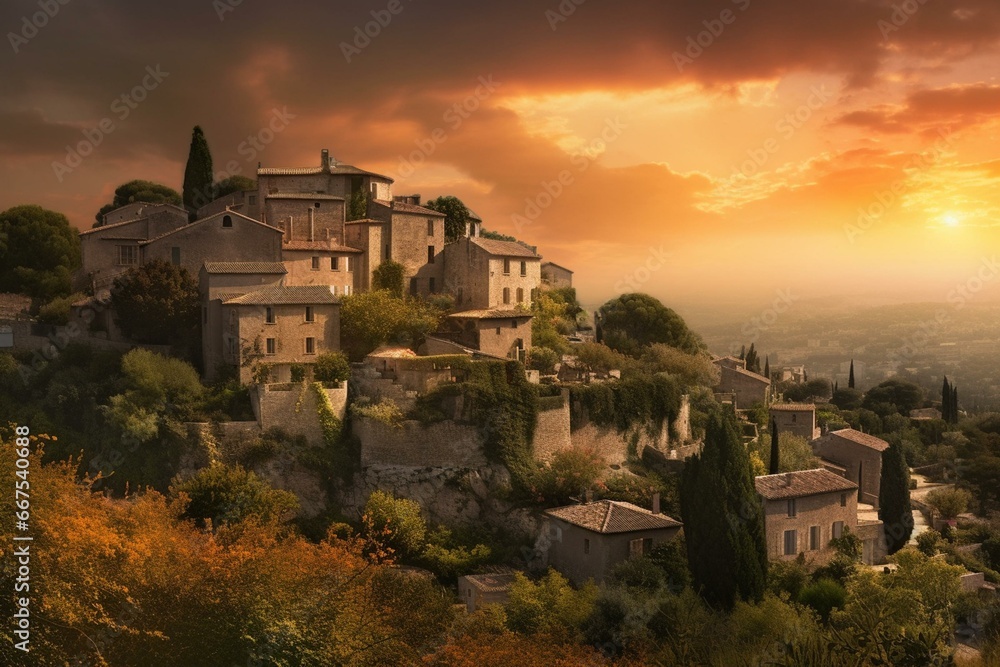 A picturesque sunset over a fictional village reminiscent of Saint-Paul de Vence. Generative AI