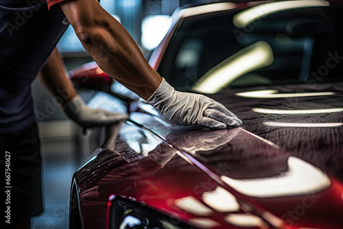 Car detailing series : Worker in protective gloves polishing a red car © ttonaorh