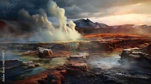 The otherworldly landscape of a geothermal area, steam rising from vents amidst colorful mineral deposits.