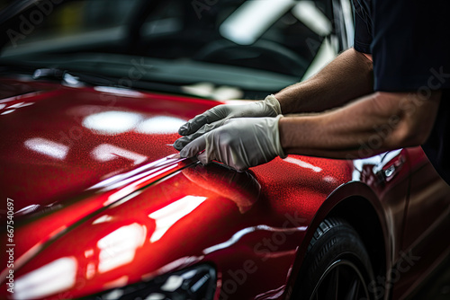 Car detailing series : Worker in protective gloves polishing a red car © ttonaorh
