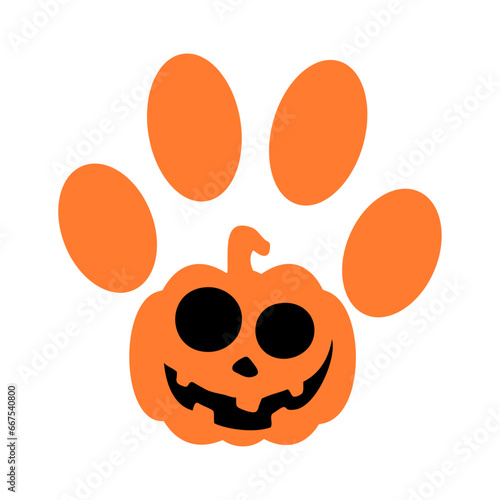 Logo pet friendly. Silueta de zarpa de perro o gato con calabaza de Halloween para su uso en invitaciones y tarjetas