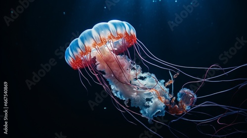 The slow-motion beauty of a jellyfish, floating gracefully in the deep blue. © baloch