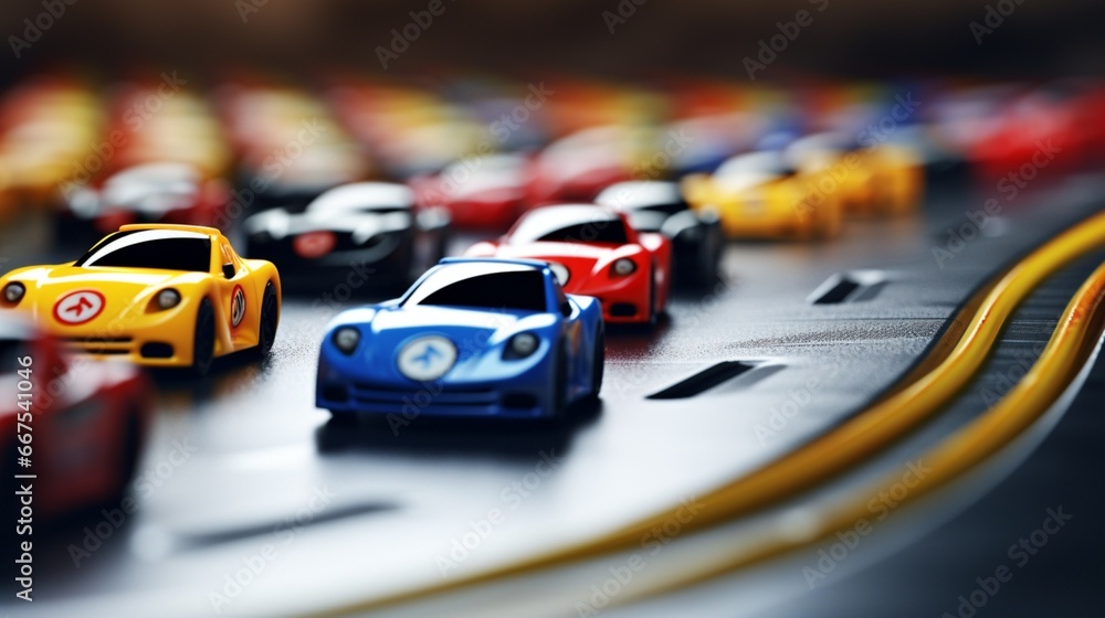 Toy cars lined up for an epic race on a winding track, tension in the air.