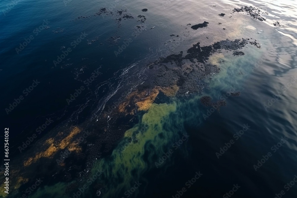 Aerial view of oil spill polluting sea water surface, endangering ecology and industrial petroleum products. Generative AI