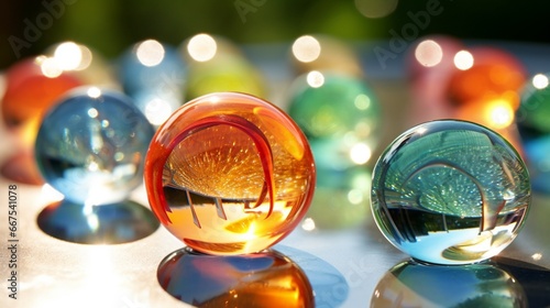 Toy marbles sparkling as they catch sunlight on a glass surface.