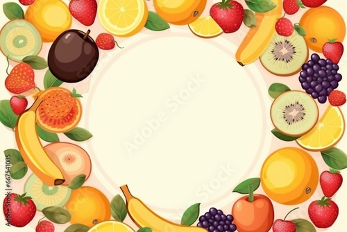 Round background frame with cartoon fruit. Generative AI
