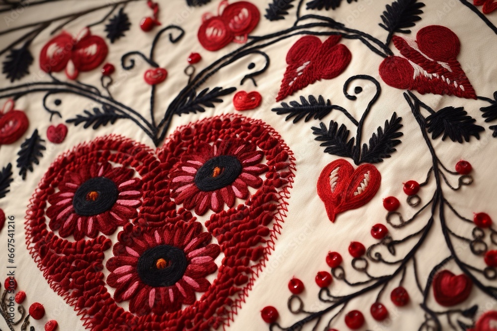 A heart-shaped motif filled with cherries and adorned with intricate patterns. Generative AI