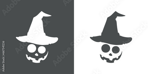 Logo con silueta de sombrero de bruja con cara de calabaza de Halloween para su uso en invitaciones y tarjetas