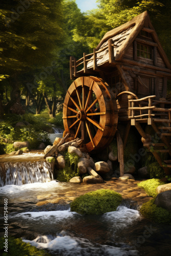 A beautiful painting of a water mill nestled in a serene forest. This picture captures the tranquility and natural beauty of the scene. Perfect for nature enthusiasts and art lovers.