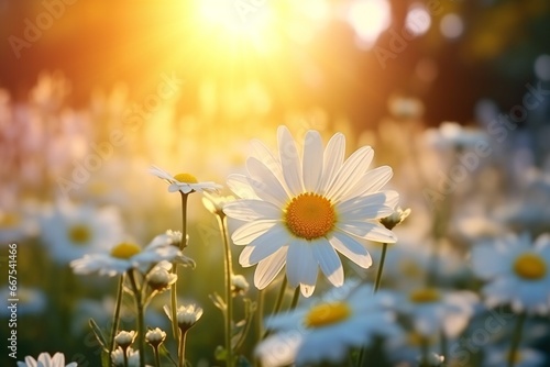 realistic Idyllic daisy bloom in spring summer autumn season with yellow sun ray in evening or morning