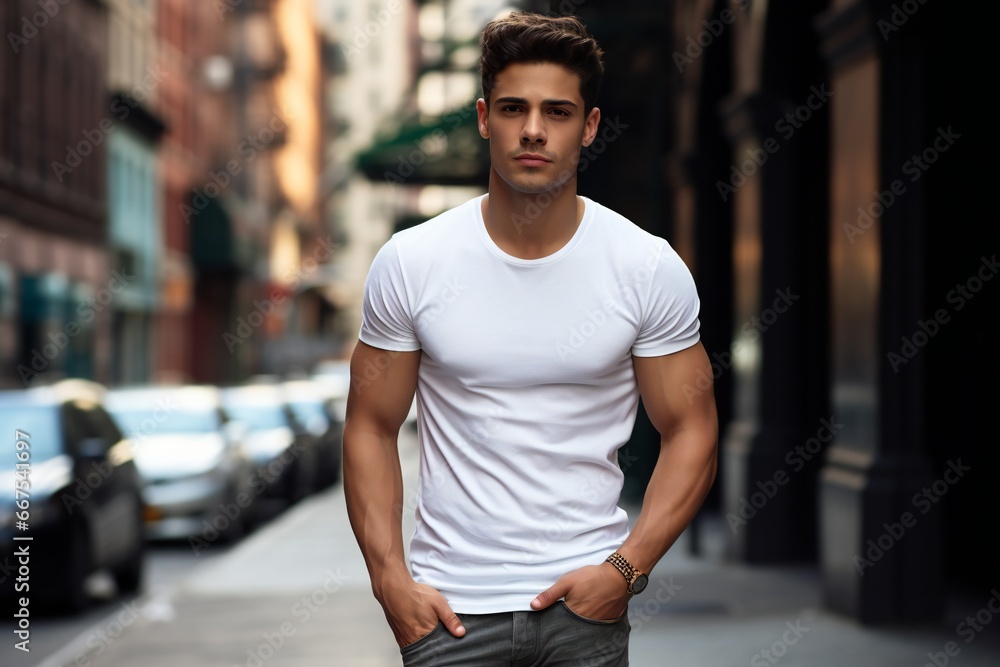 Male Latin model in a classic white cotton T-shirt and on a city street Male Latin model in a classic white cotton T-shirt and on a city street