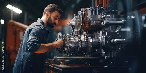 A man is seen working on a machine in a factory. This image can be used to showcase industrial processes and manufacturing operations