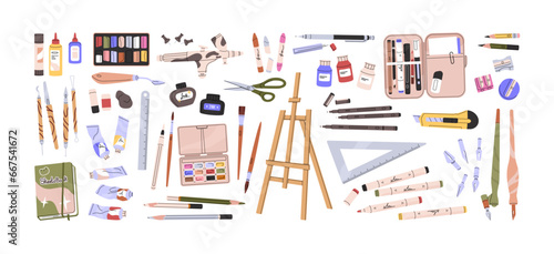 Drawing tools set. Art supplies, materials kit. Artist stationery: pens, brushes, sketchbook, paint bottle, tube, pencil case. Craft equipment. Flat isolated vector illustration on white background