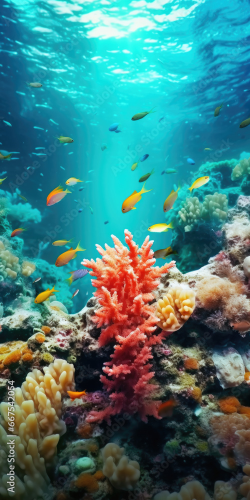 Obraz premium A vibrant coral reef teeming with a variety of fish species. This image can be used to depict the beauty and biodiversity of marine ecosystems