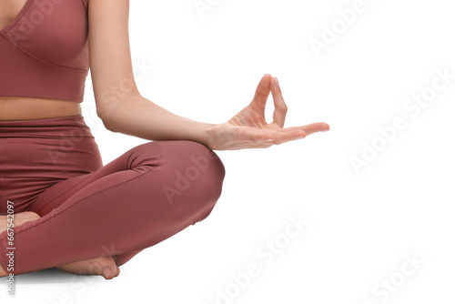 Woman practicing yoga on white background, closeup. Lotus pose