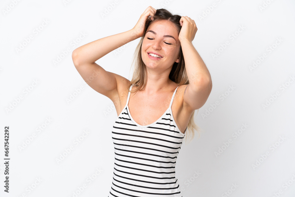 Young Romanian woman isolated on white background laughing Young Romanian woman isolated on white background laughing